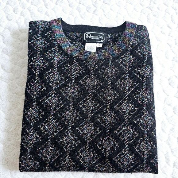 Vintage jumper sweater lightweight black rainbow thread 80s 90s - Picture 1 of 9